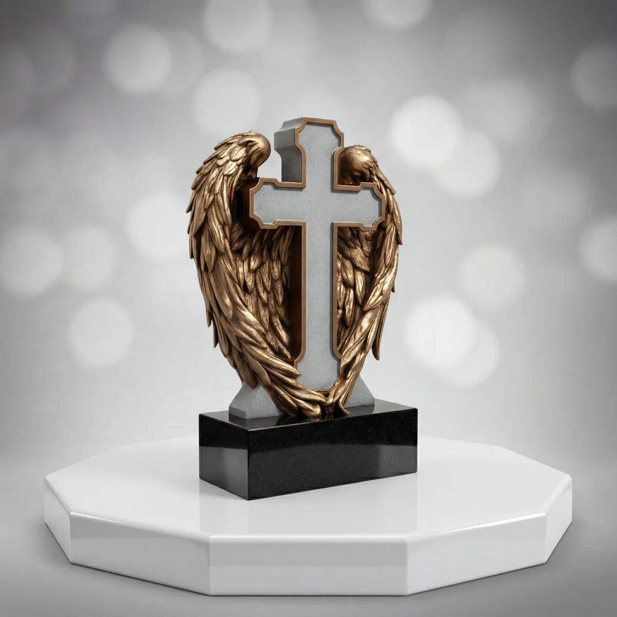 Bronze cross with sculpted angel wings on a black granite base by H Stones