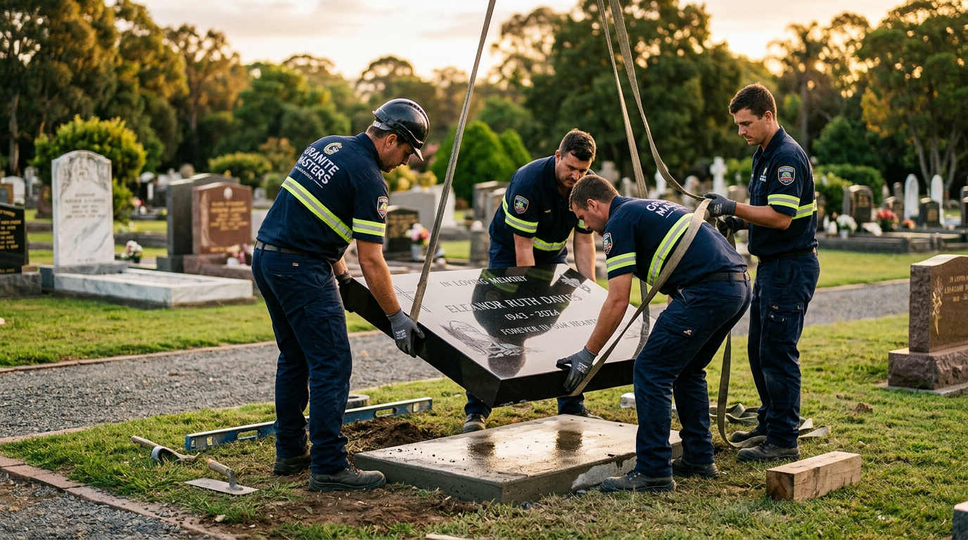 Monument Service Group installation crew setting a granite headstone at a cemetery