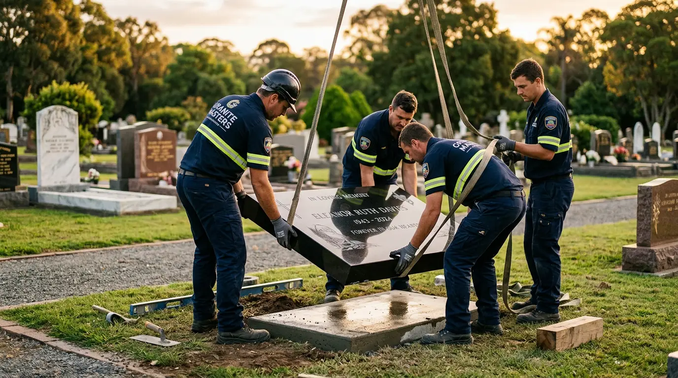 Illustration of a crew setting a granite headstone at a cemetery