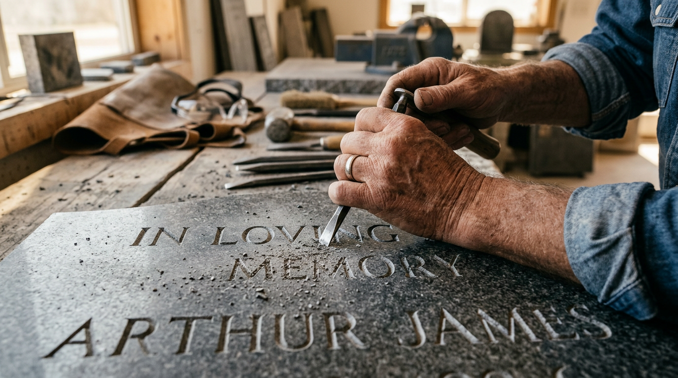 Craftsman engraving lettering into a granite headstone