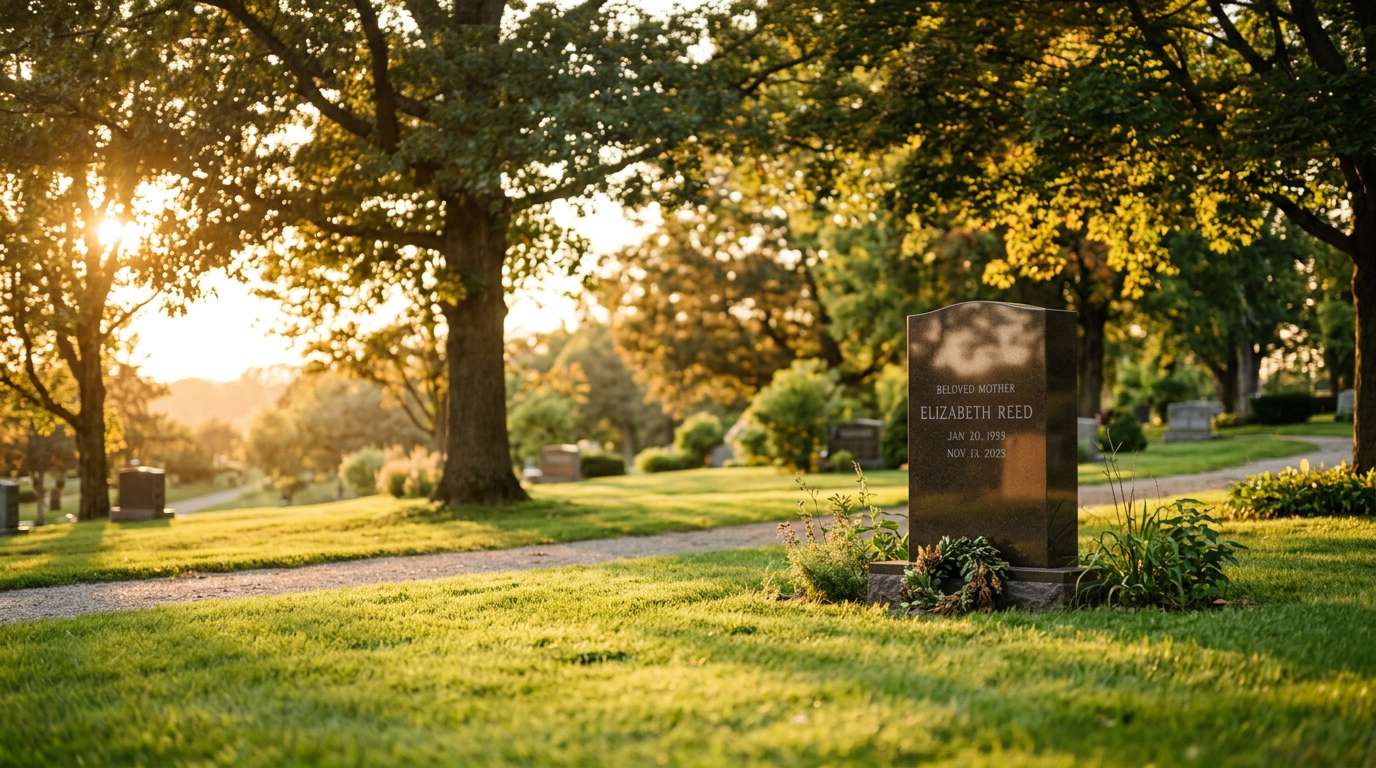 Peaceful, well-kept cemetery landscape at golden hour