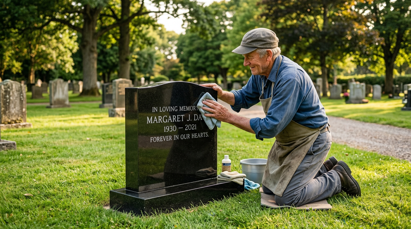Caretaker cleaning and restoring a memorial stone