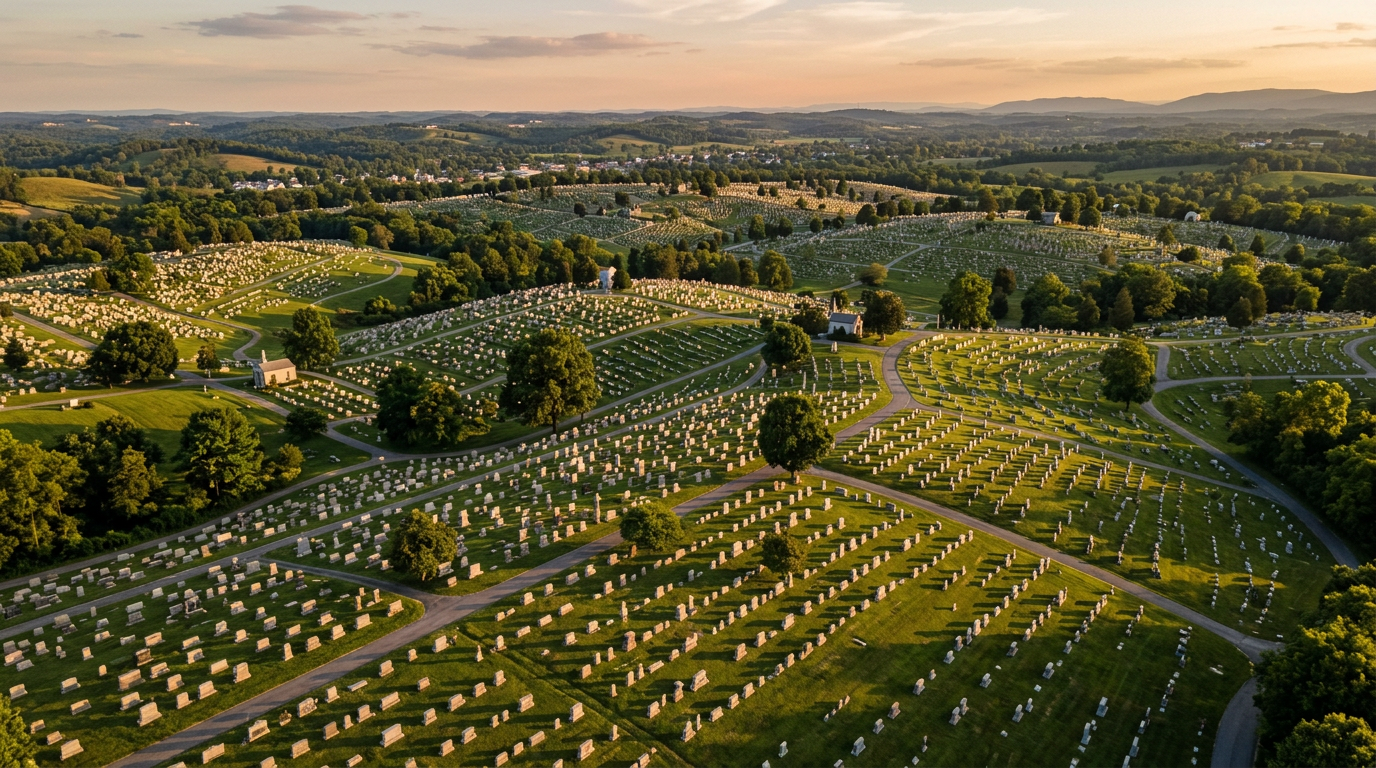 Aerial view of a cemetery across rolling hills