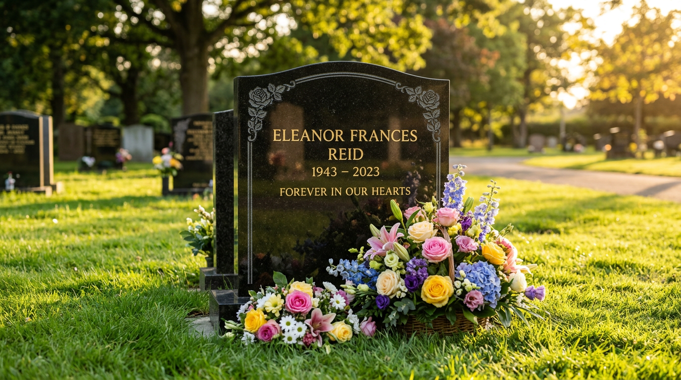 Granite monument with fresh flowers at its base