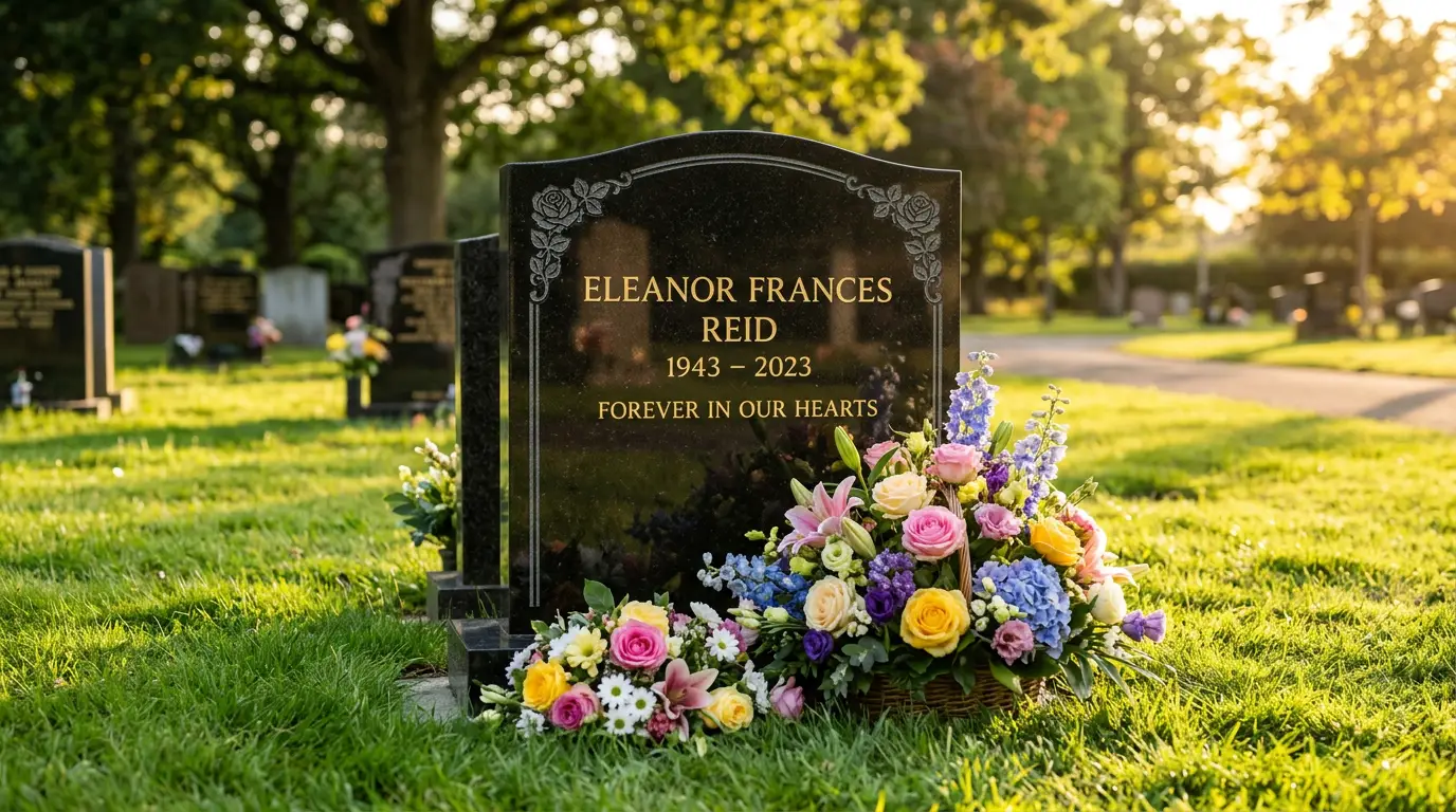 Granite monument with fresh flowers at its base