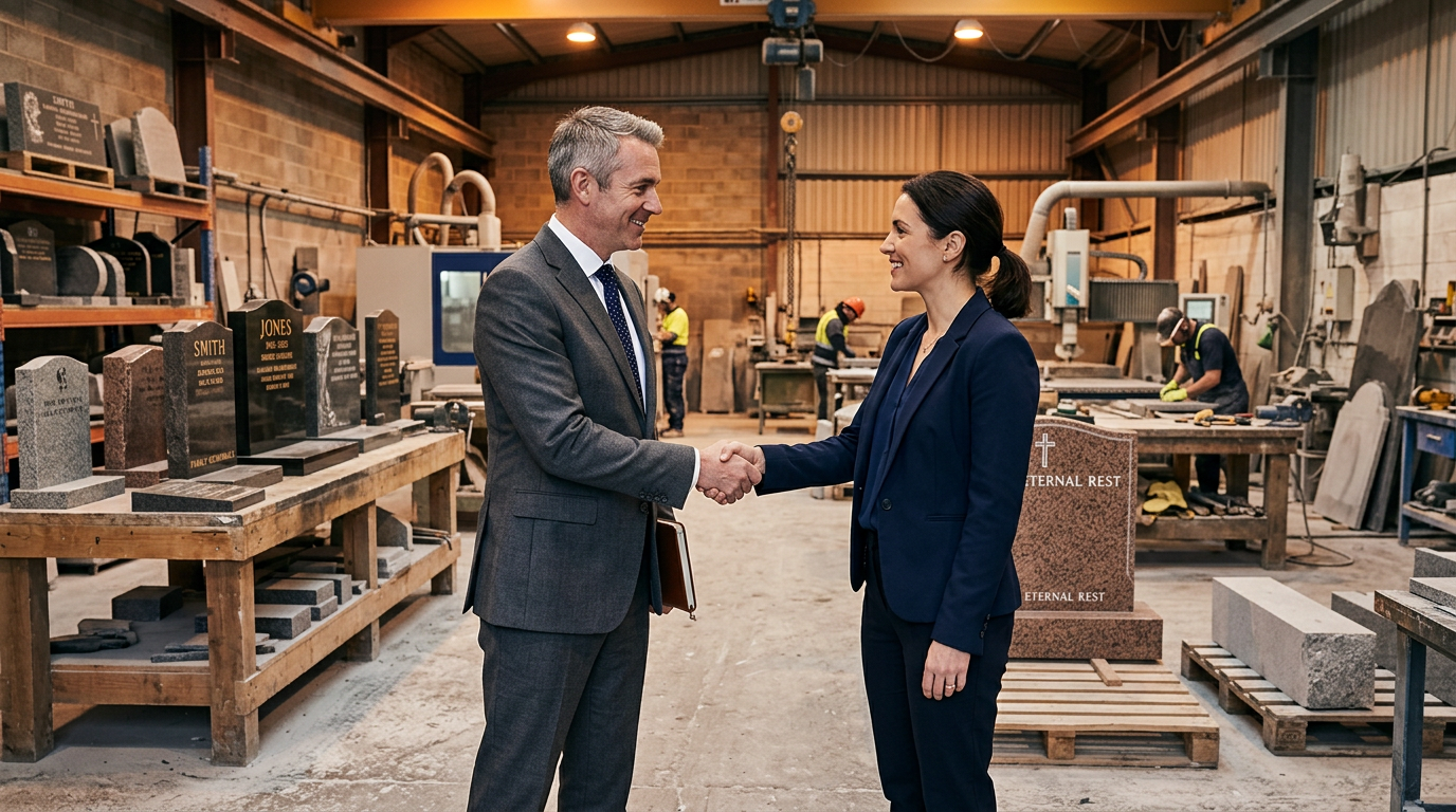 Handshake between partners in a monument workshop