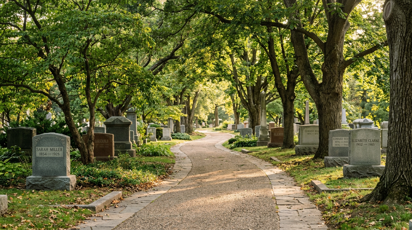 Quiet tree-lined path through a cemetery