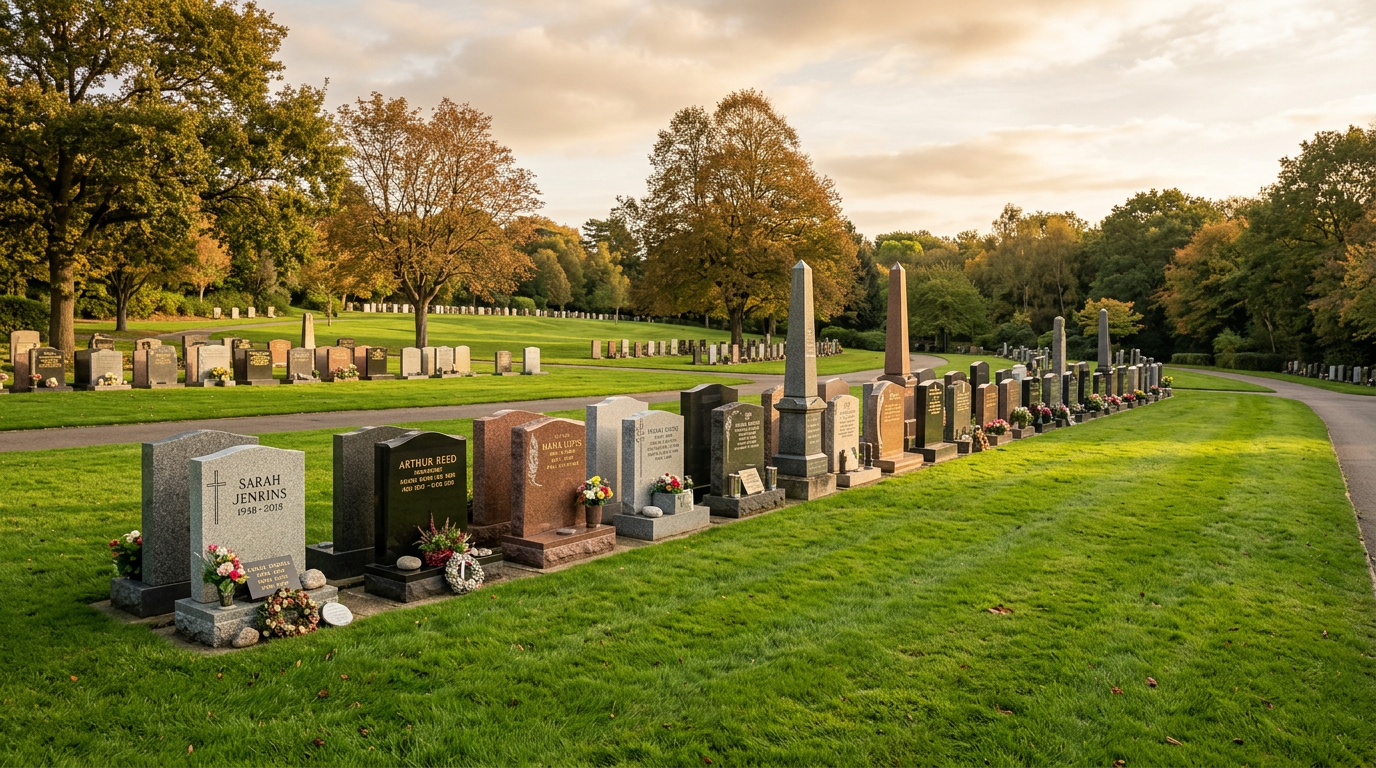 A row of finished granite monuments at a cemetery