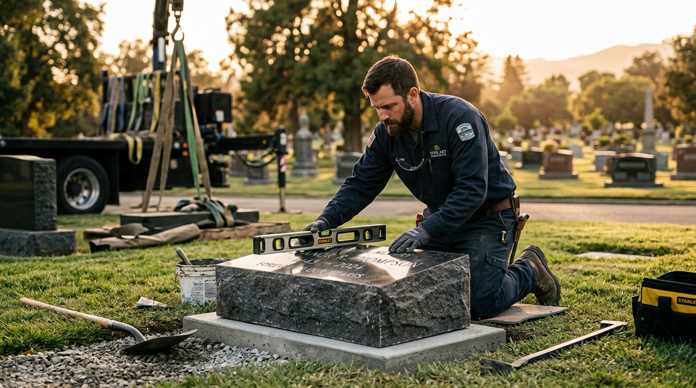 Field technician installing a monument at a cemetery