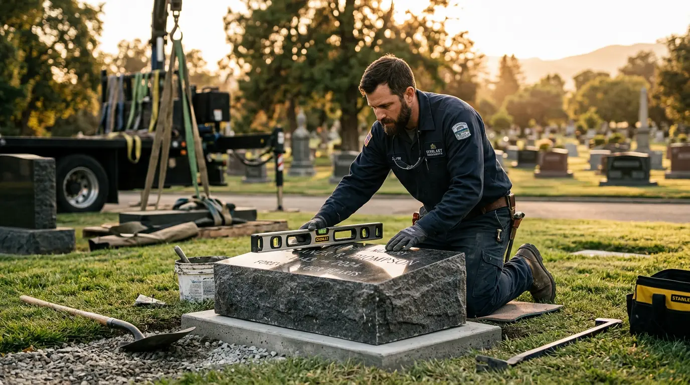 Field technician installing a monument at a cemetery